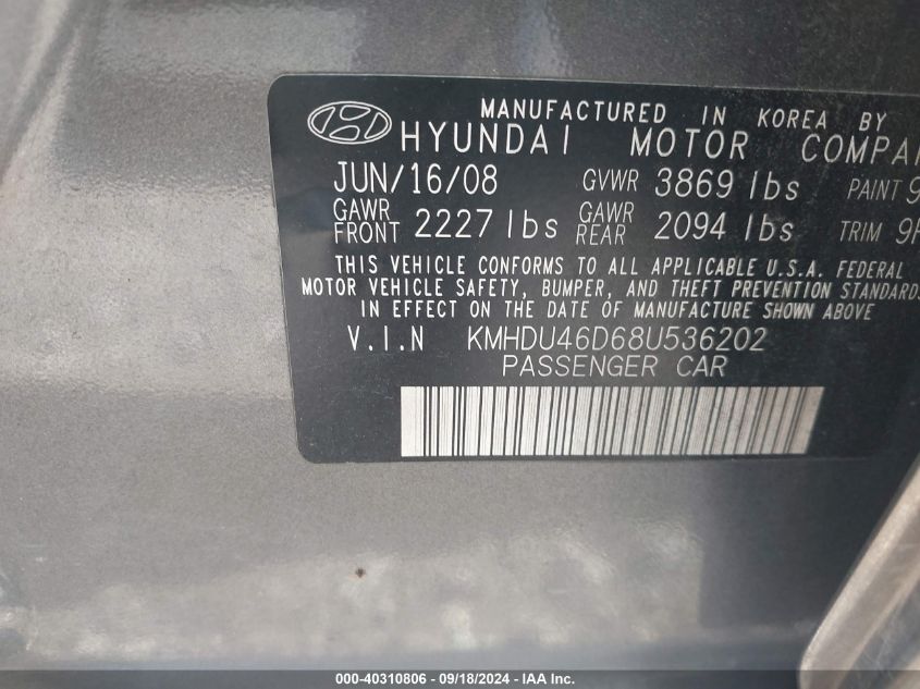 2008 Hyundai Elantra Gls/Se VIN: KMHDU46D68U536202 Lot: 40310806