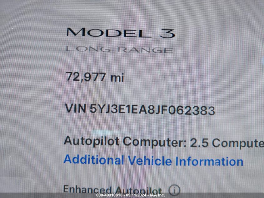 2018 Tesla Model 3 Long Range/Mid Range VIN: 5YJ3E1EA8JF062383 Lot: 40310815