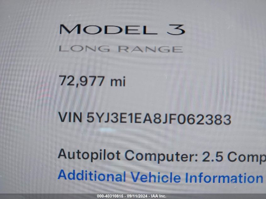 2018 Tesla Model 3 Long Range/Mid Range VIN: 5YJ3E1EA8JF062383 Lot: 40310815