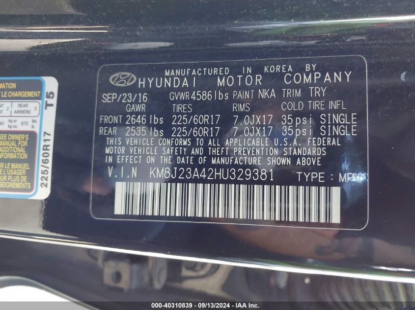 KM8J23A42HU329381 2017 Hyundai Tucson Se