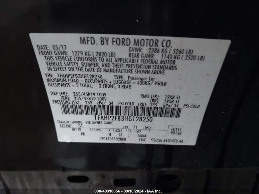 VIN 1FAHP2F83HG128250 2017 FORD TAURUS LIMITED
