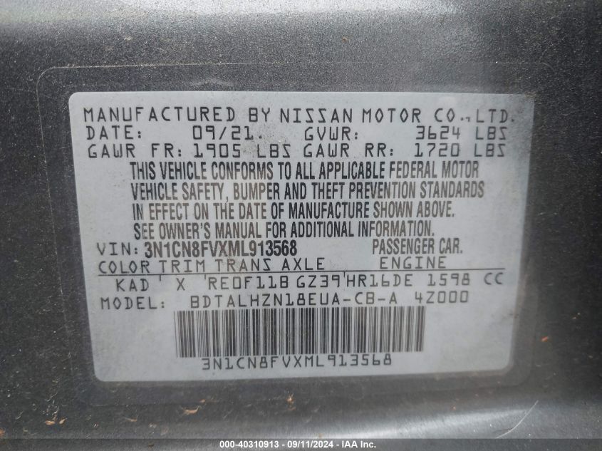 2021 Nissan Versa Sr VIN: 3N1CN8FVXML913568 Lot: 40310913