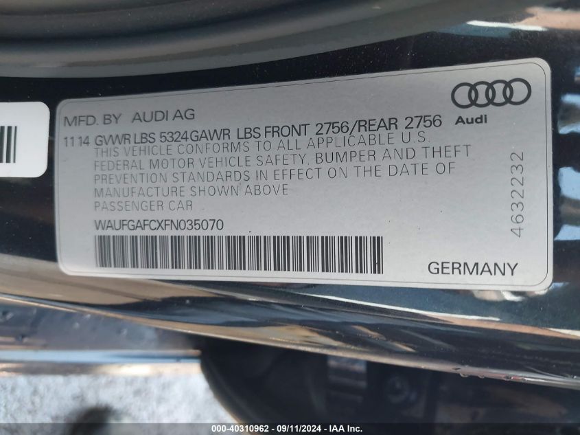 2015 Audi A6 Premium Plus VIN: WAUFGAFCXFN035070 Lot: 40310962