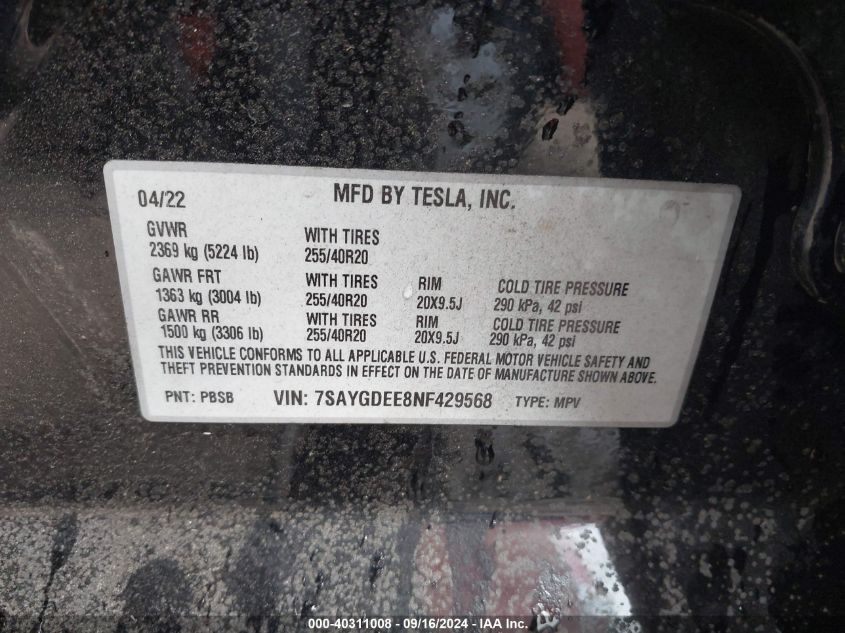 7SAYGDEE8NF429568 2022 Tesla Model Y