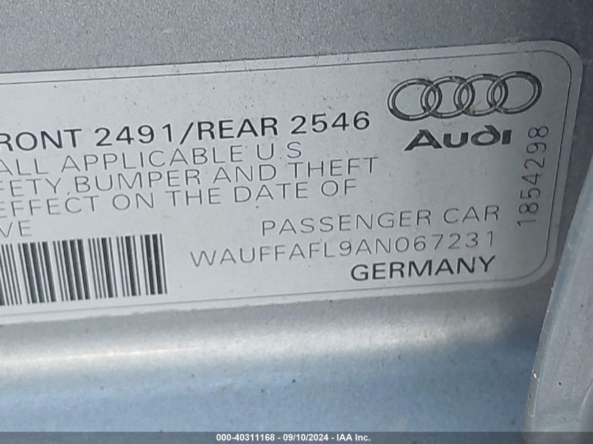 2010 Audi A4 2.0T Premium VIN: WAUFFAFL9AN067231 Lot: 40311168