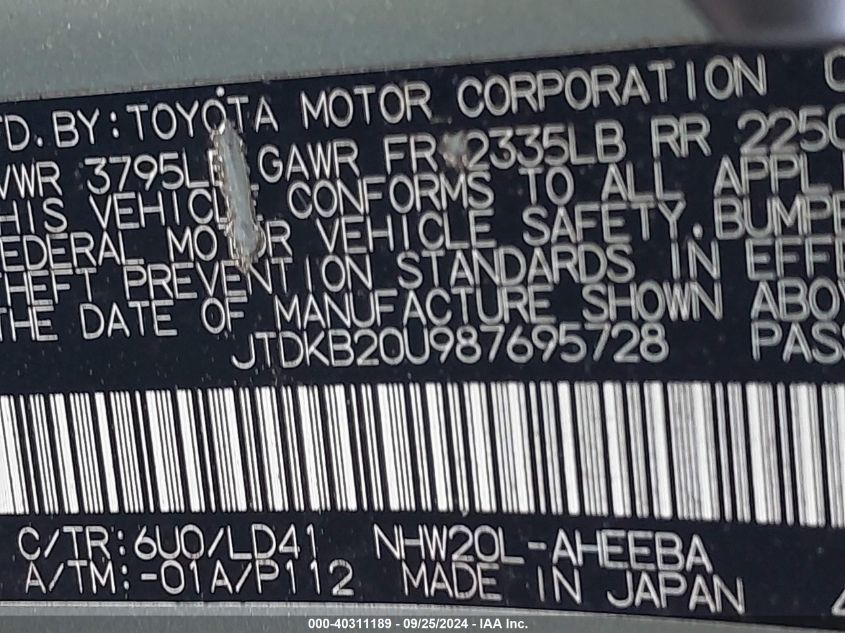 2008 Toyota Prius VIN: JTDKB20U987695728 Lot: 40311189