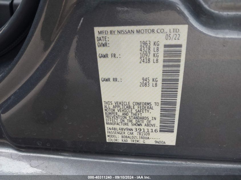 2022 Nissan Altima S VIN: 1N4BL4BV9NN391116 Lot: 40311240