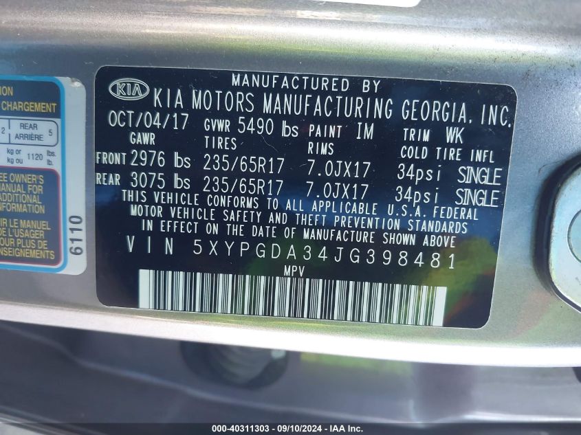 2018 KIA SORENTO 2.4L LX - 5XYPGDA34JG398481