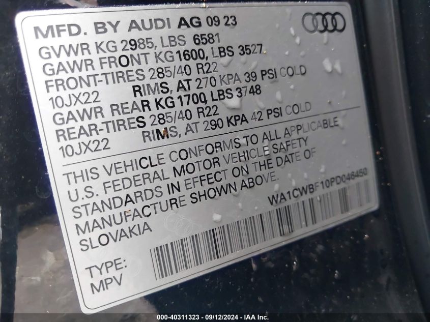 2023 Audi Sq8 Prestige Tfsi Quattro Tiptronic VIN: WA1CWBF10PD046450 Lot: 40311323