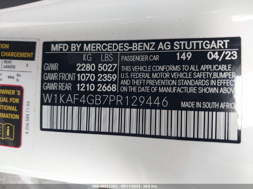 2023 Mercedes-Benz C 300 Sedan VIN: W1KAF4GB7PR129446 Lot: 40311363