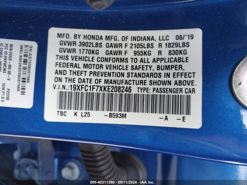 2019 Honda Civic Exl VIN: 19XFC1F7XKE208246 Lot: 40311390