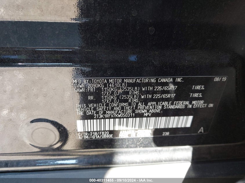 VIN 2T3K1RFV7KW050311 2019 TOYOTA RAV4 LE