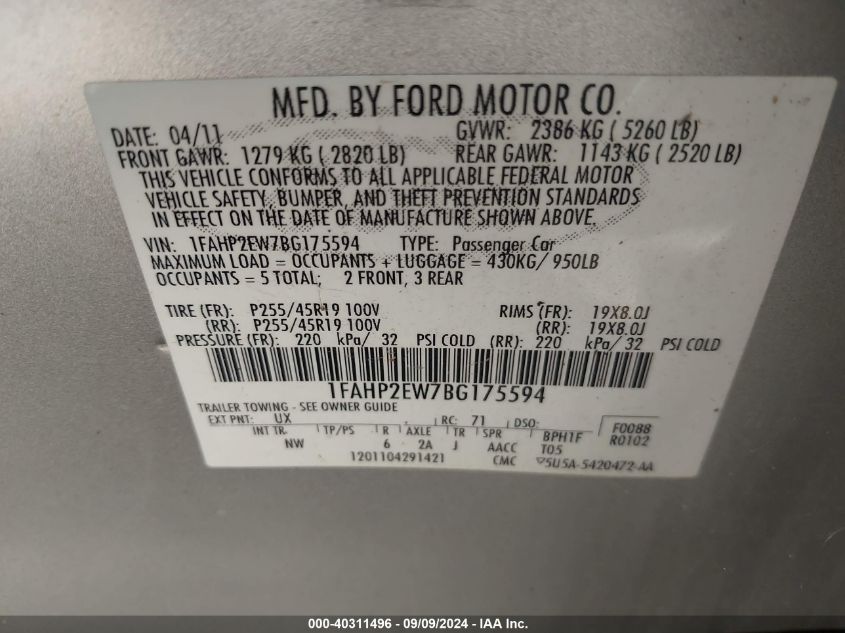 1FAHP2EW7BG175594 2011 Ford Taurus Sel