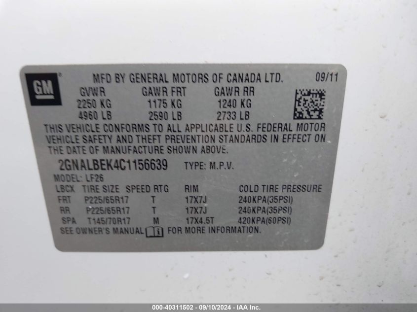 2GNALBEK4C1156639 2012 Chevrolet Equinox Ls