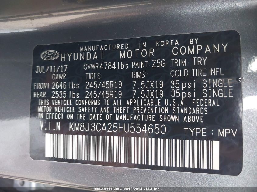 KM8J3CA25HU554650 2017 Hyundai Tucson Value