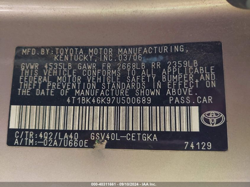 4T1BK46K97U500689 2007 Toyota Camry Le/Xle/Se