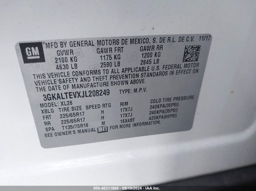 2018 GMC Terrain Sle VIN: 3GKALTEVXJL208249 Lot: 40311665