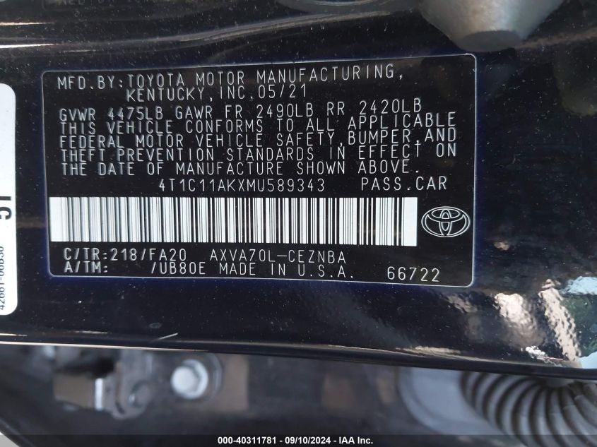 2021 TOYOTA CAMRY LE - 4T1C11AKXMU589343