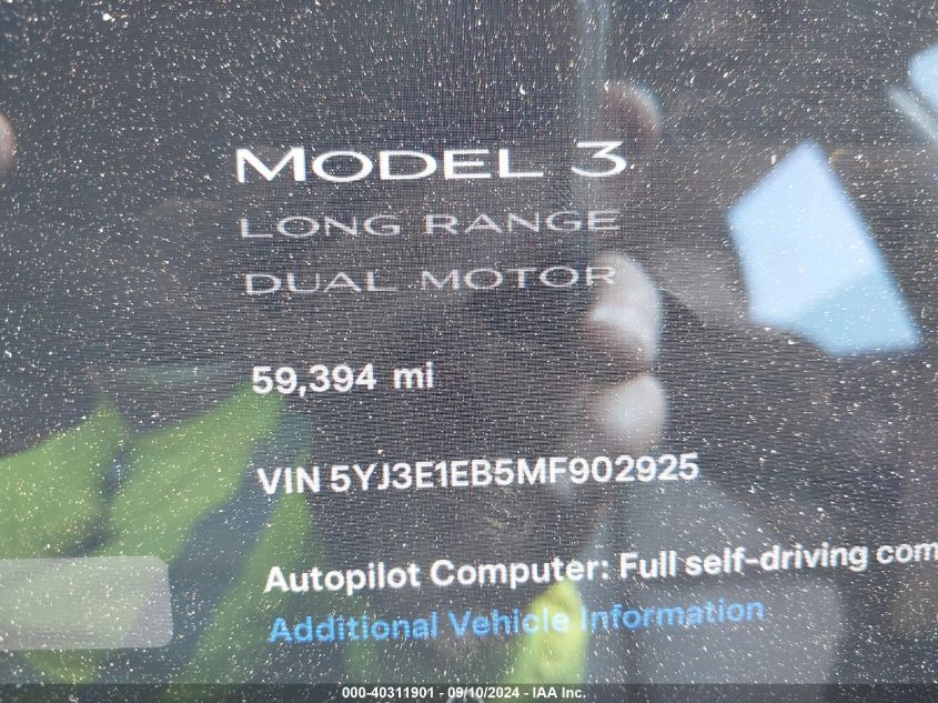 2021 Tesla Model 3 Long Range Dual Motor All-Wheel Drive VIN: 5YJ3E1EB5MF902925 Lot: 40311901