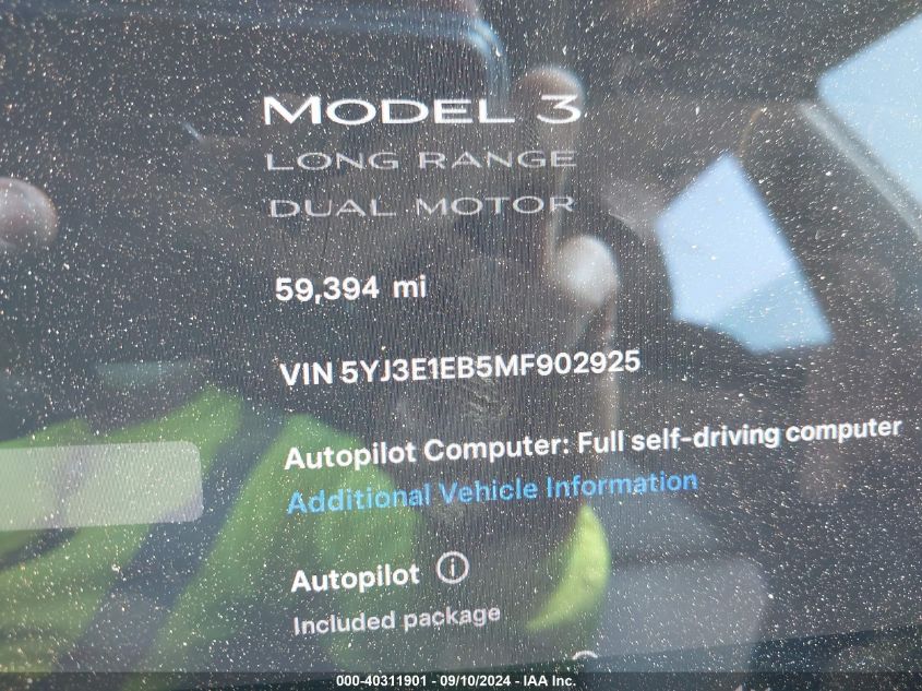 2021 Tesla Model 3 Long Range Dual Motor All-Wheel Drive VIN: 5YJ3E1EB5MF902925 Lot: 40311901