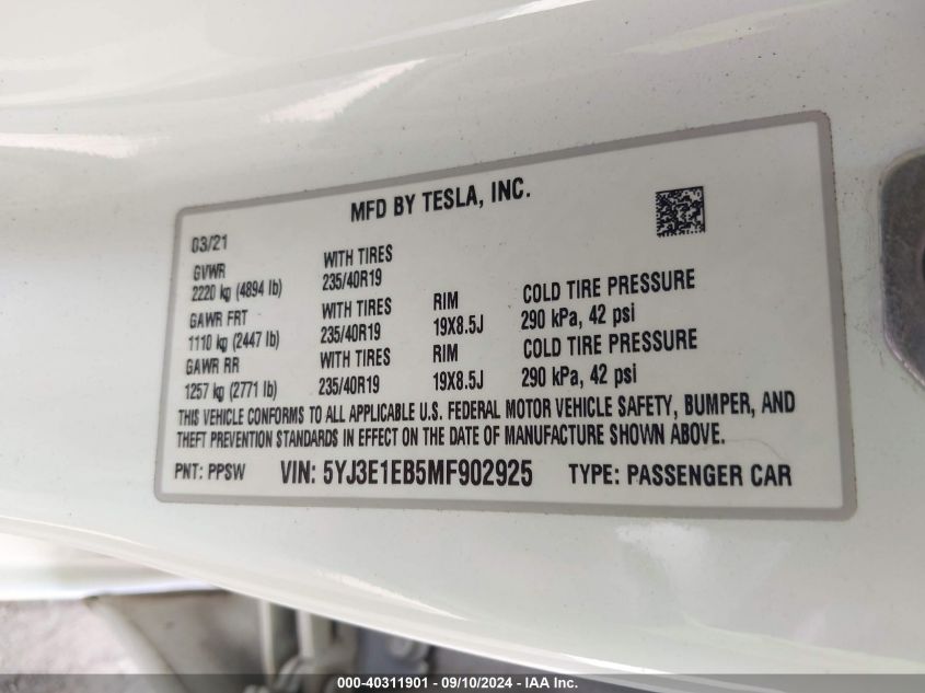 2021 Tesla Model 3 Long Range Dual Motor All-Wheel Drive VIN: 5YJ3E1EB5MF902925 Lot: 40311901