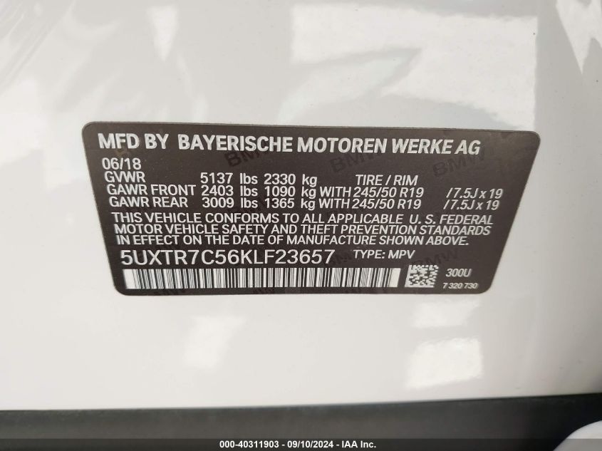 5UXTR7C56KLF23657 2019 BMW X3 Sdrive30I