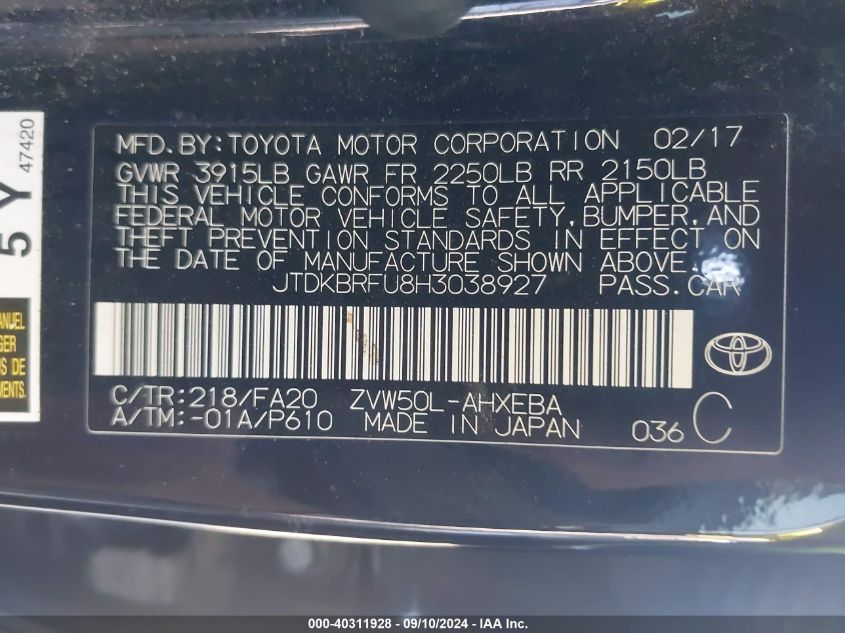 2017 Toyota Prius Two VIN: JTDKBRFU8H3038927 Lot: 40311928