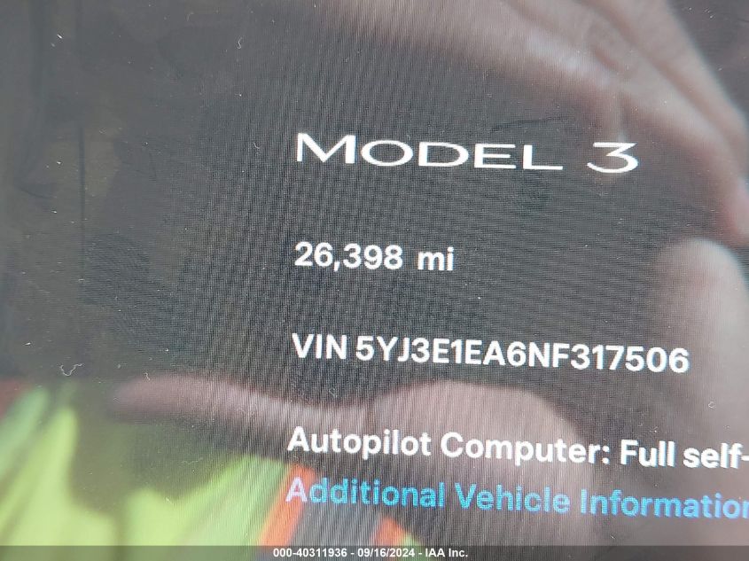 2022 Tesla Model 3 VIN: 5YJ3E1EA6NF317506 Lot: 40311936