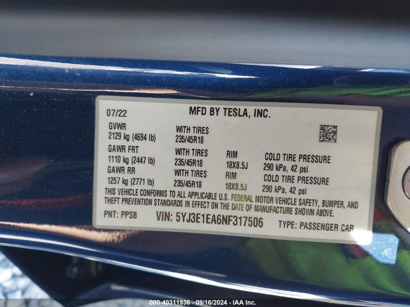 2022 TESLA MODEL 3 - 5YJ3E1EA6NF317506