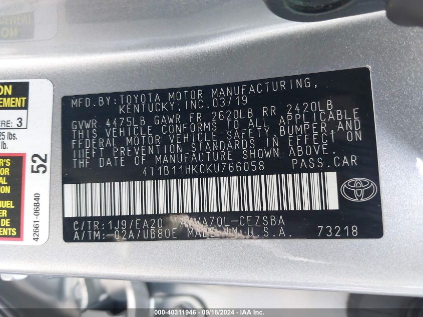 4T1B11HK0KU766058 2019 Toyota Camry Se