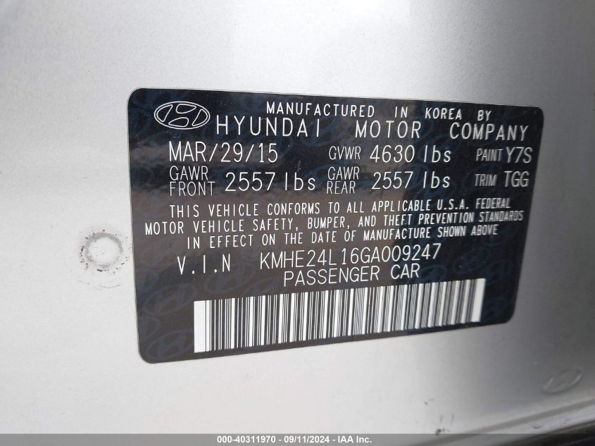 2016 Hyundai Sonata Hybrid Hybrid/Se VIN: KMHE24L16GA009247 Lot: 40311970