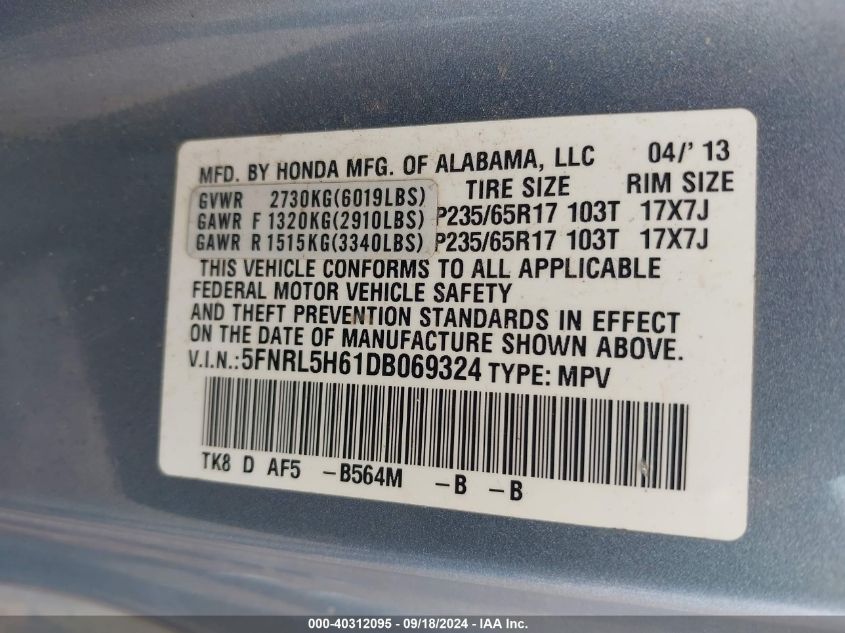 2013 Honda Odyssey Ex-L VIN: 5FNRL5H61DB069324 Lot: 40312095