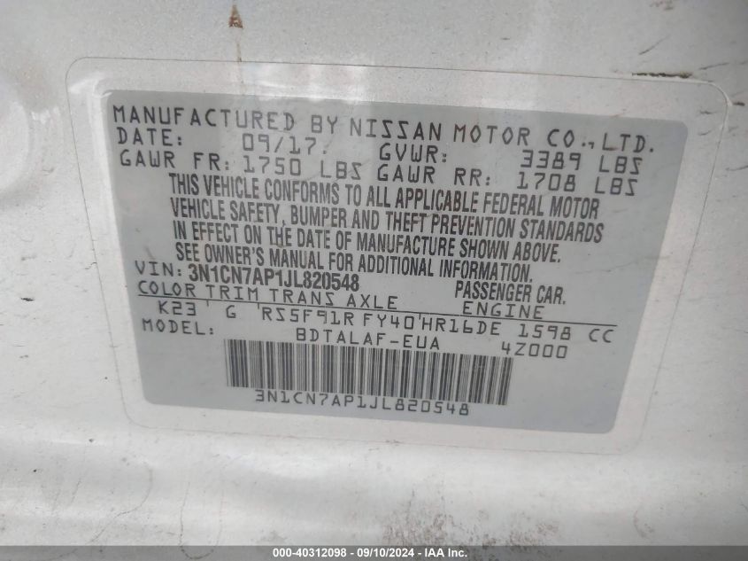 3N1CN7AP1JL820548 2018 Nissan Versa 1.6 S