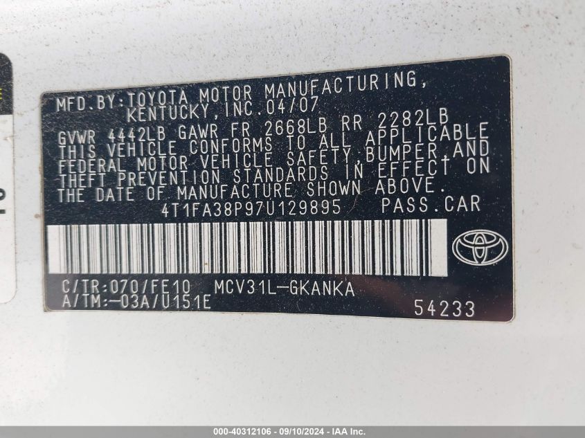 4T1FA38P97U129895 2007 Toyota Camry Solara Se