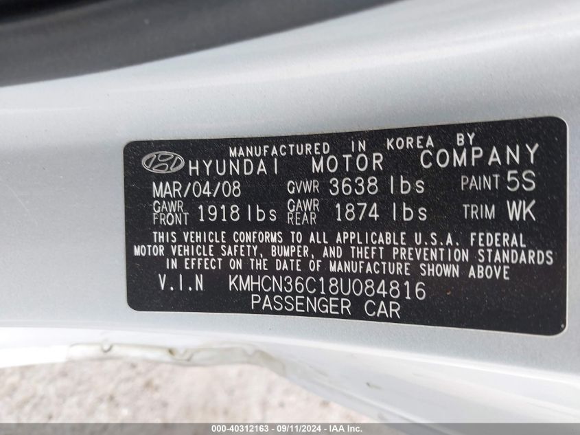 KMHCN36C18U084816 2008 Hyundai Accent Se