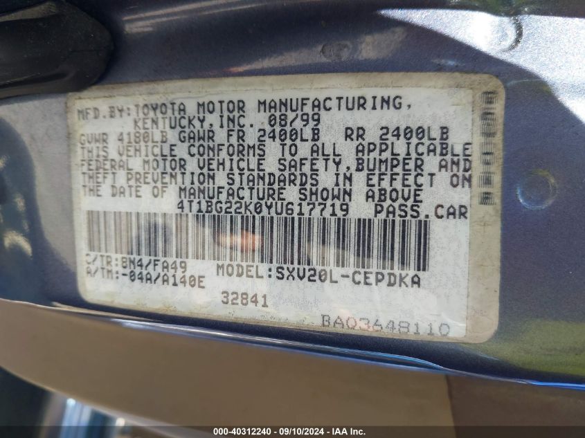 4T1BG22K0YU617719 2000 Toyota Camry Ce