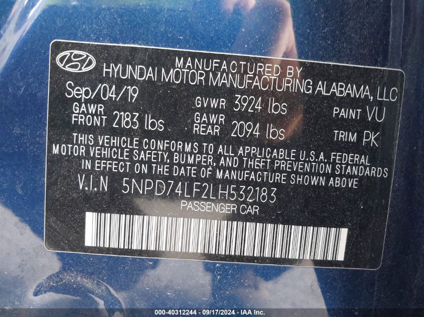 2020 Hyundai Elantra Se VIN: 5NPD74LF2LH532183 Lot: 40312244