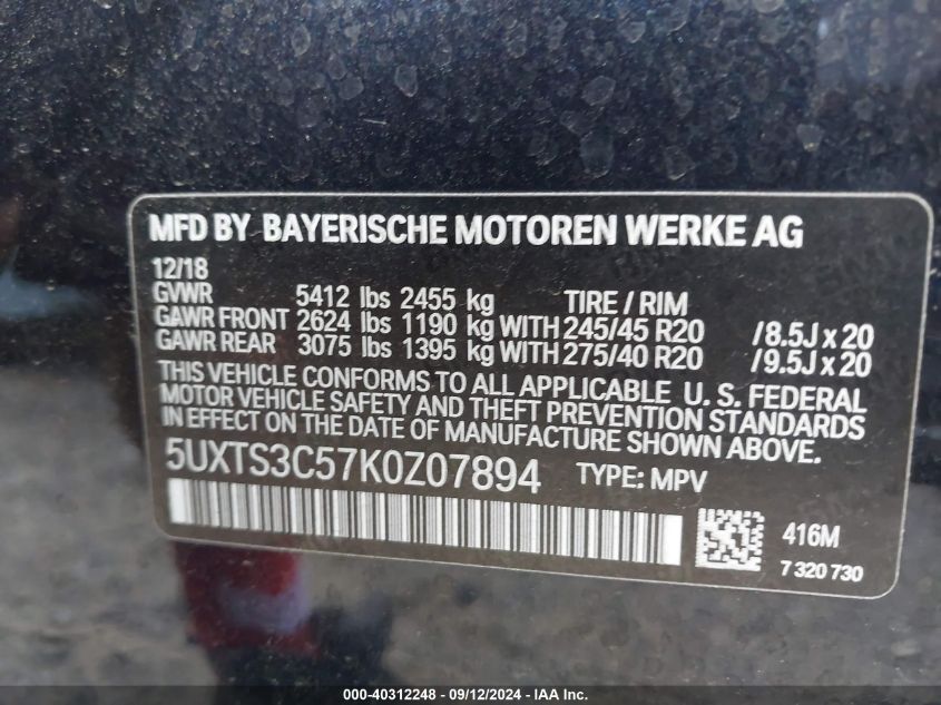 5UXTS3C57K0Z07894 2019 BMW X3 M40I