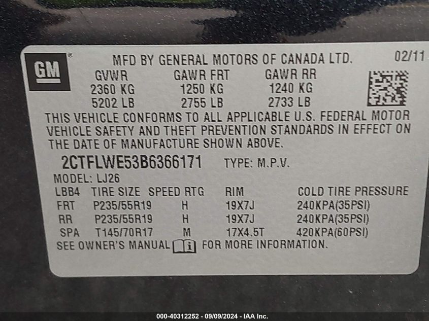 2011 GMC Terrain Slt-2 VIN: 2CTFLWE53B6366171 Lot: 40312252