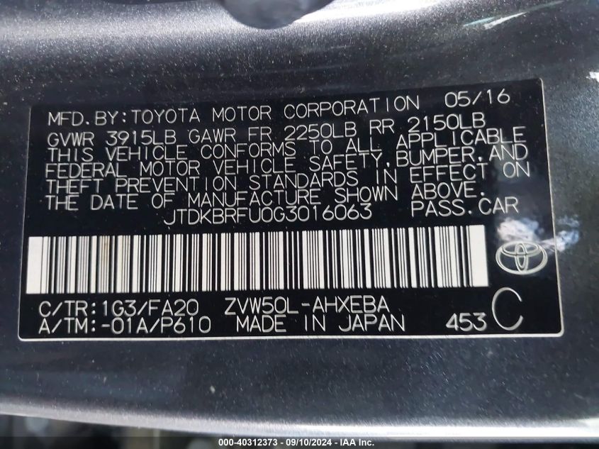 2016 Toyota Prius Two VIN: JTDKBRFU0G3016063 Lot: 40312373