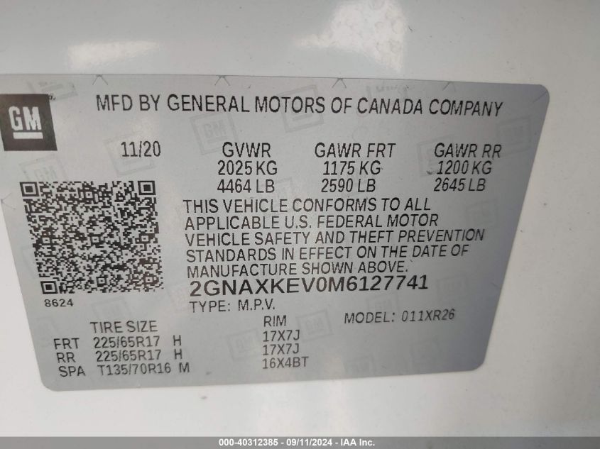 2021 CHEVROLET EQUINOX FWD LT - 2GNAXKEV0M6127741