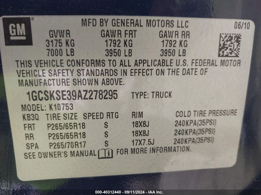 1GCSKSE39AZ278295 2010 Chevrolet Silverado 1500 Lt