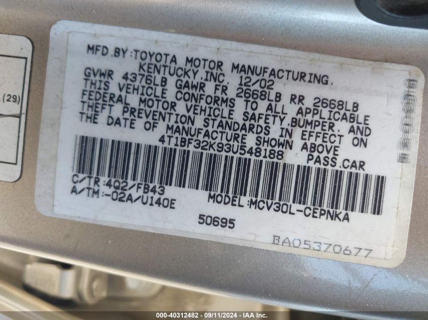 4T1BF32K93U548188 2003 Toyota Camry Le V6