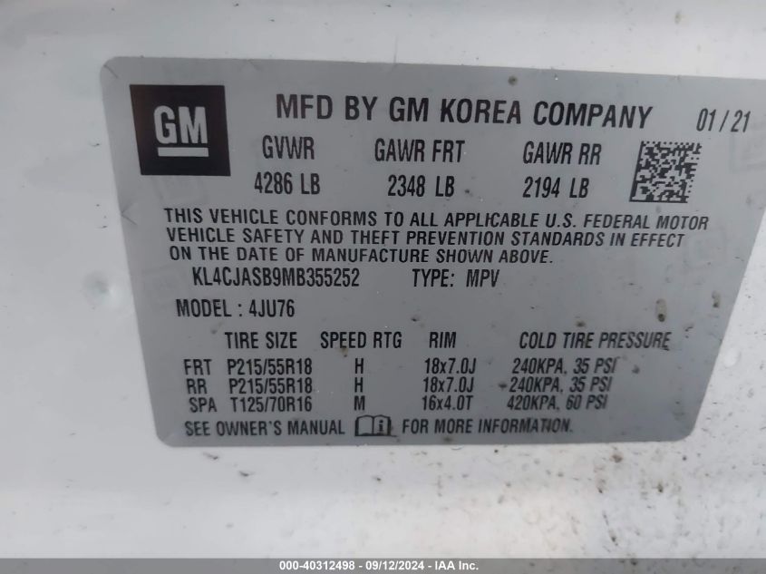 2021 Buick Encore Fwd Preferred VIN: KL4CJASB9MB355252 Lot: 40312498