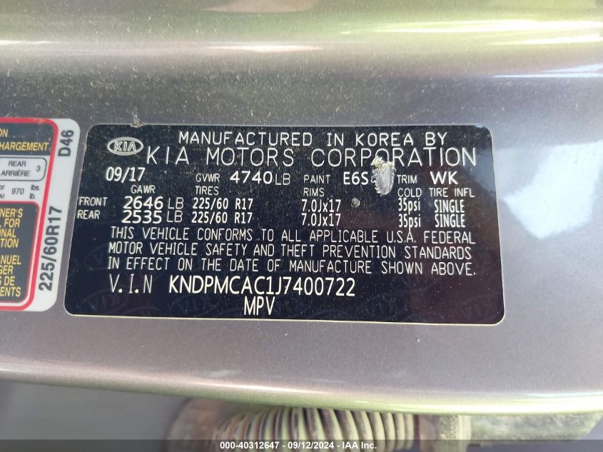 KNDPMCAC1J7400722 2018 Kia Sportage Lx