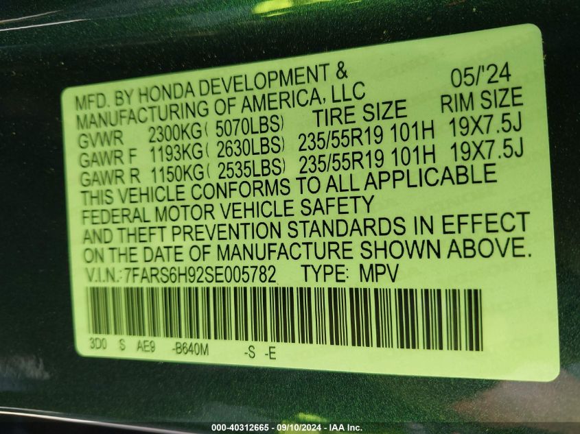 VIN 7FARS6H92SE005782 2025 Honda CR-V, Hybrid Sport... no.9