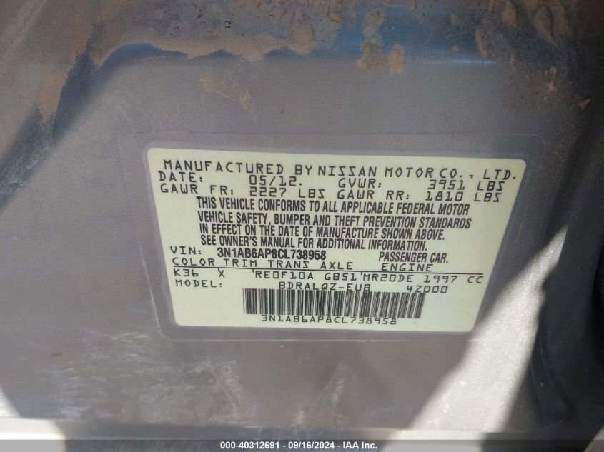 3N1AB6AP8CL738958 2012 Nissan Sentra 2.0