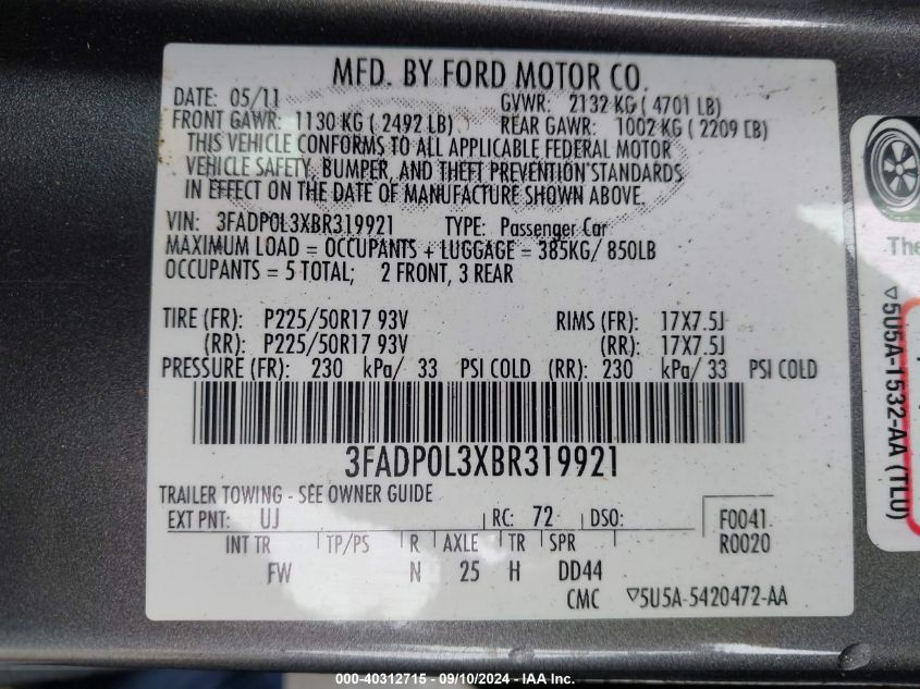 2011 Ford Fusion Hybrid VIN: 3FADP0L3XBR319921 Lot: 40312715