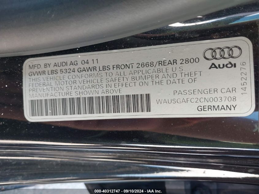 2012 Audi A7 Premium VIN: WAUSGAFC2CN003708 Lot: 40312747