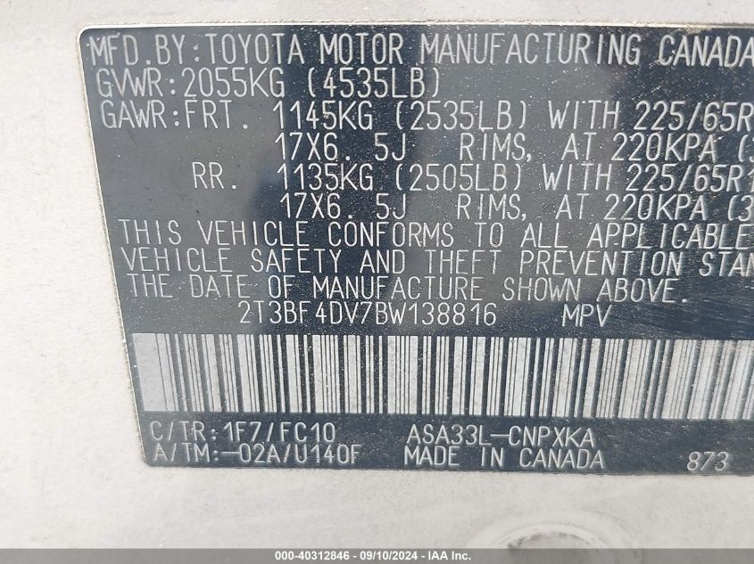 2011 Toyota Rav4 VIN: 2T3BF4DV7BW138816 Lot: 40312846